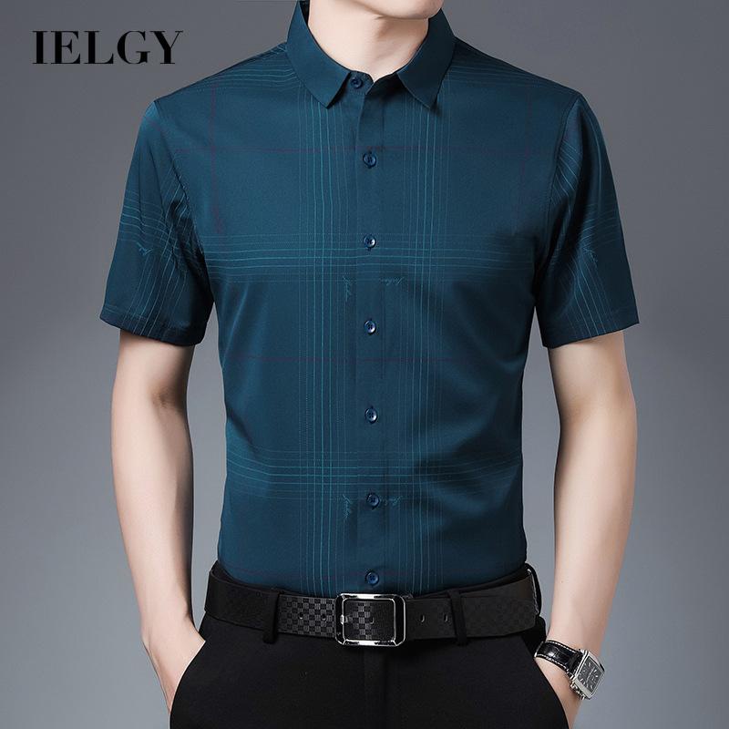 Áo sơ mi IELGY tay ngắn vải lụa lạnh mỏng kẻ sọc ca rô cá tính cho nam