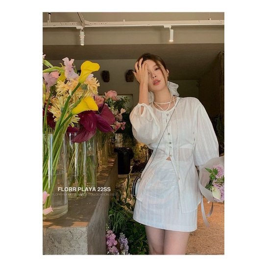 SET VÁY THÔ ĐŨI 3 MÓN yena.closet - Set đũi xước trắng sơ mi thắt eo kèm áo quây mix chân váy chữ A ulzzang