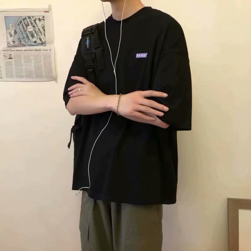 Áo Thun Form Rộng Tay Lỡ Họa Tiết Sọc Cầu Vồng Phong Cách Nhật Bản