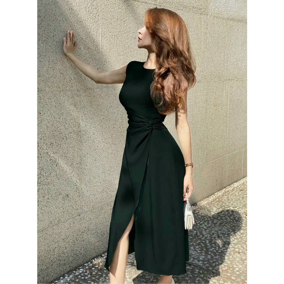 Đầm dự tiệc dáng xòe,váy cổ tròn nhún eo xẻ tà tôn dáng body chất liệu tằm ý full 2 lớp dự tiệc dạo phố XM Minh Phúc