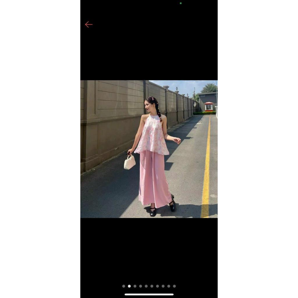 Set bộ nữ chất voan in họa tiết xinh xắn áo cổ yếm xòe hở lưng quyến rũ kèm quần suông dài siêu xinh