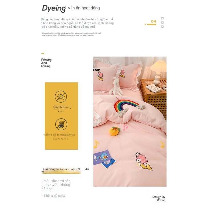 Ins net red cartoon washed cotton bed four piece set Korean princess style girl heart embroidered quilt cover fitted sheet L4Ry