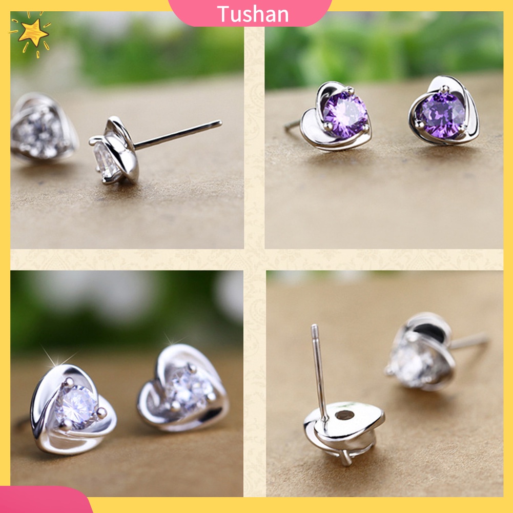 TUSH Lady Rhinestone Inlaid Heart Ear Stud Earrings Women Jewelry Valentine Day Gift