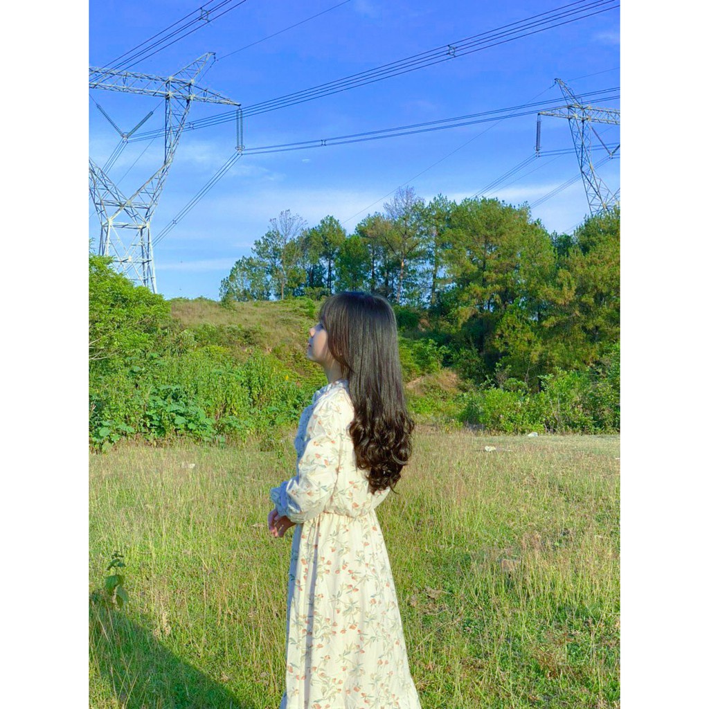Váy Hoa Nhí Vintage Cổ V Tay Dài Dáng Dài Xòe Xinh Xắn, Đầm Ulzzang Nữ Vintage Hàn Quốc