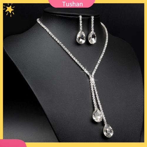 Bộ Vòng cổ + Bông Tai Đính Kim Cương Giả Hình Giọt Nước