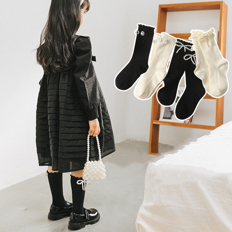 Vớ Cotton Màu Trơn Đính Ngọc Trai Cho Bé 3-12 Tuổi