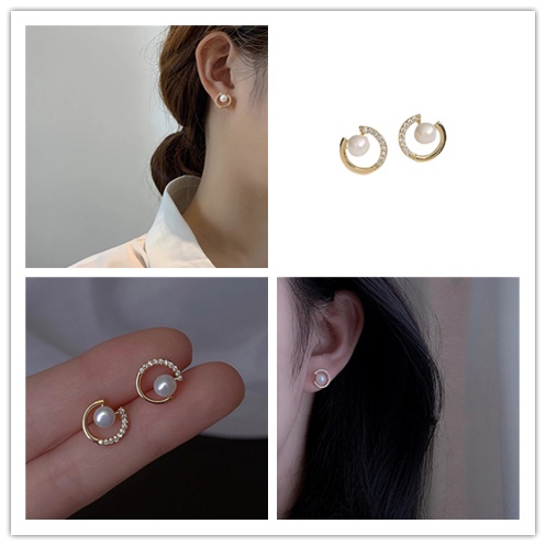 Bông Tai Đính Đá Ngọc Trai Hình Chữ C Đơn Giản Sang Trọng