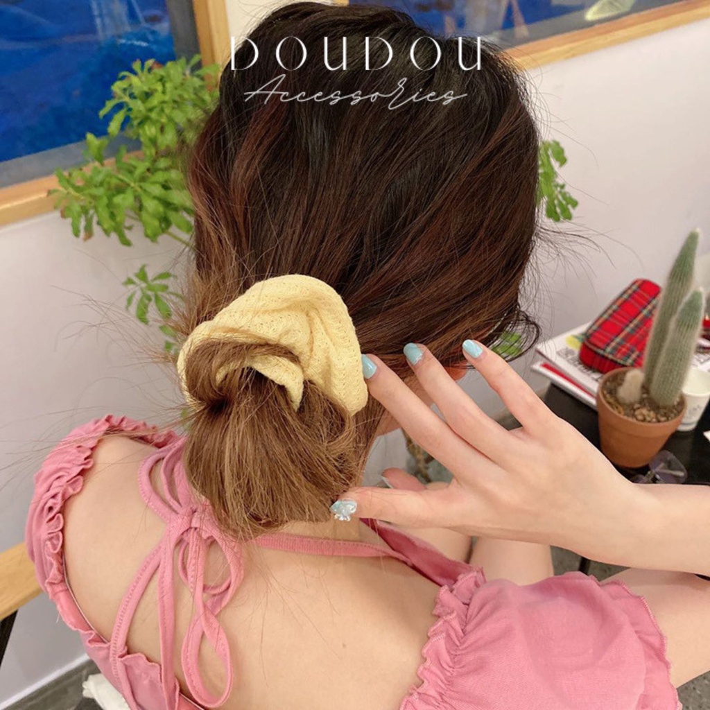 Dây buộc tóc Scrunchies DOUDOU Dây cột tóc nữ vải nhún mềm mịn họa tiết màu sắc xinh xắn thời trang FQ010