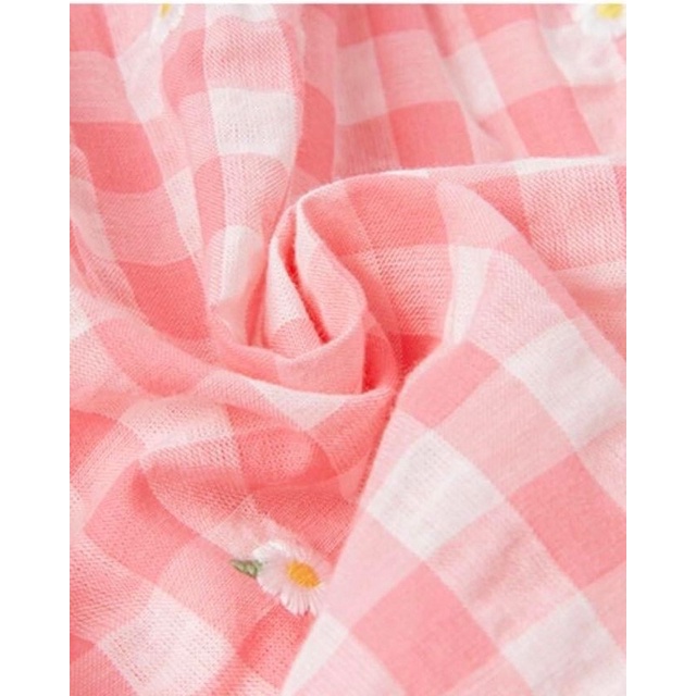 Váy babydoll caro hồng hoạ tiết thêu hoa 3D cực xjnh cho bé gái