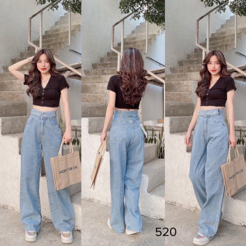 Quần Bò Nữ Ms.0520 Quần Bò Cạp Cao Phôi Đai Bản To Đính Cúc, Quần Ống Suông Dài Cá Tính