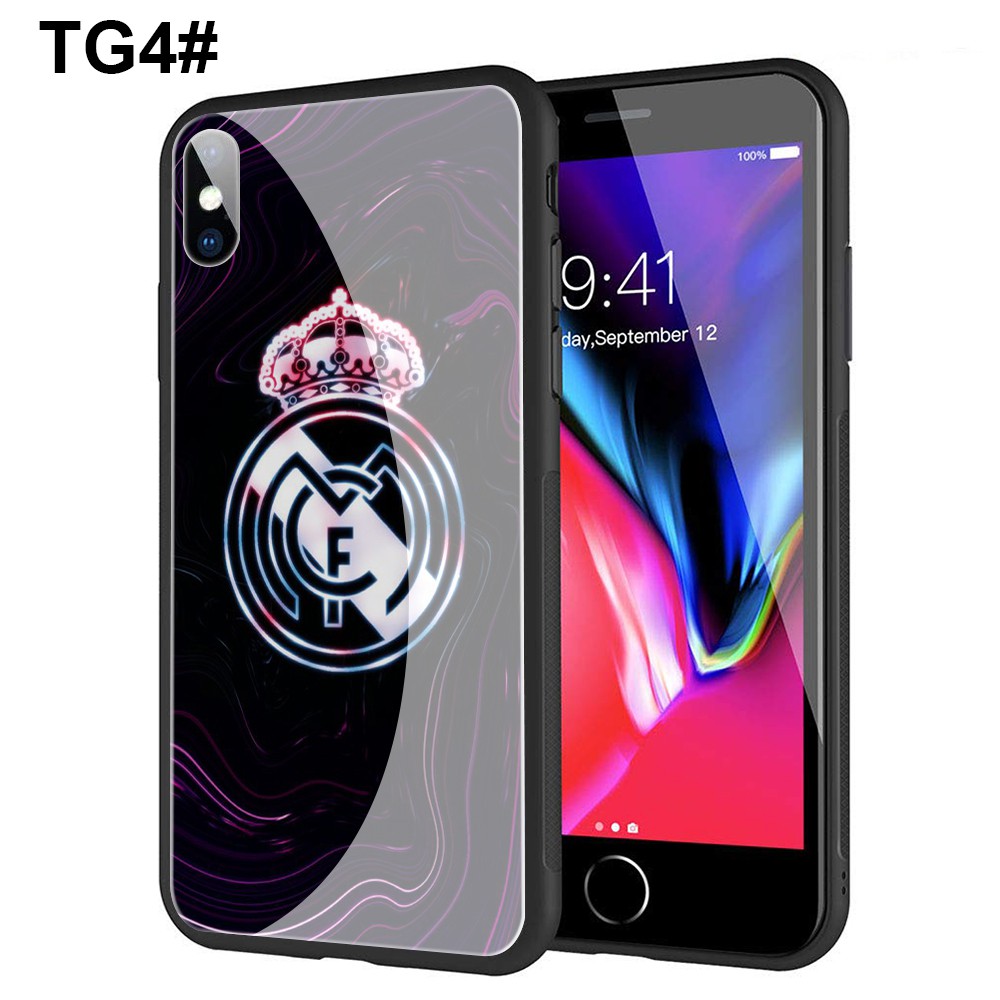 Ốp lưng kính cường lực hình logo đội bóng Real Madrid cho iPhone Xr Xs Max 7 8 6s 6 Plus 7+ 8+ 5 5s New SE 2020