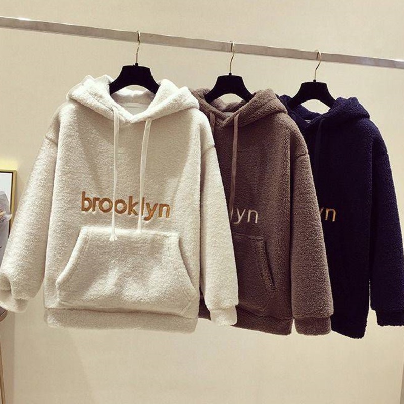Áo Hoodie Lông Cừu Tay Dài Dáng Rộng Phong Cách Hàn Quốc Thời Trang Thu Đông Dễ Phối Đồ