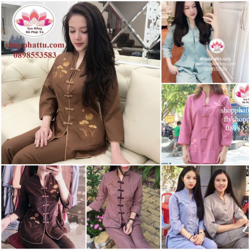 {ĐỦ MÀU}🕉️Quần áo Phật tử áo lam đi chùa Pháp Phục nữ cao cấp mẫu cổ tàu thêu sen hàng loại 1