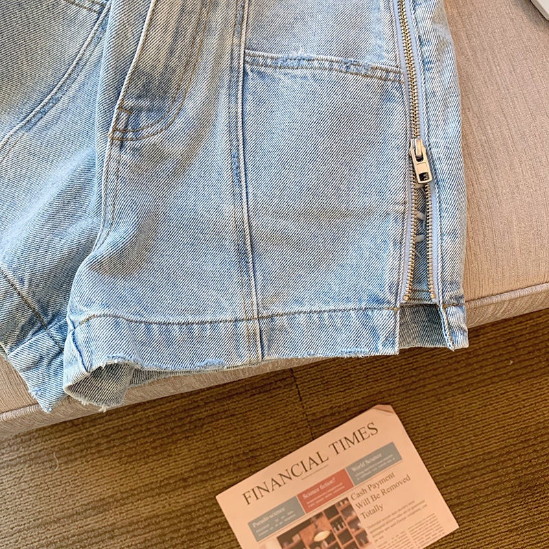 Quần Short denim Lưng Cao Phối Khóa Kéo Thời Trang Cho Nữ