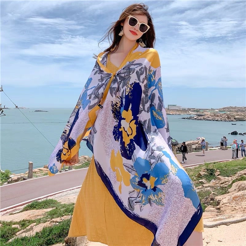 Khăn choàng cổ lụa mềm cao cấp in hoa văn hoa - Maben