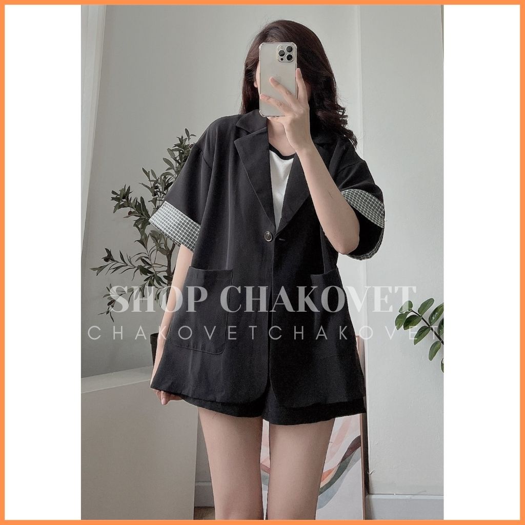 Set áo blazer nữ kèm quần S8305 kiểu áo vest nữ 1 lớp cộc tay pha kẻ 2 túi hộp, bộ đồ 2 món sang chảnh mùa hè - CHAKOVET