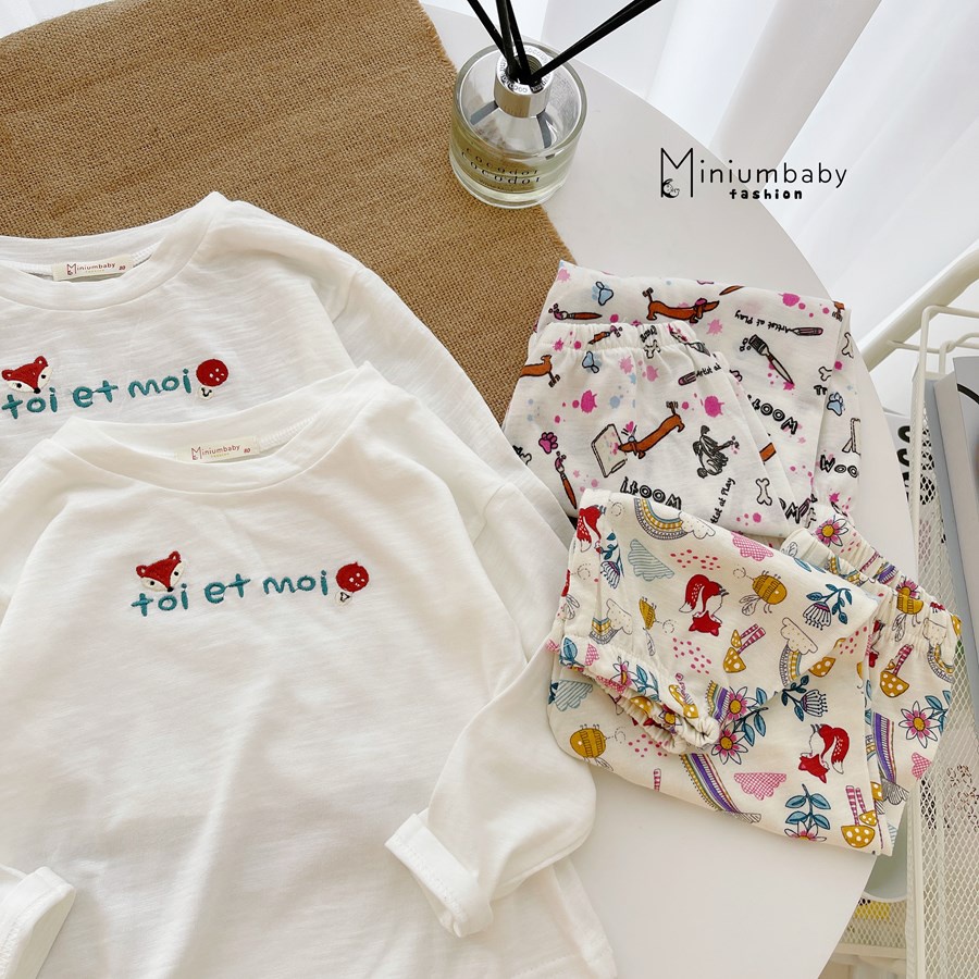 Bộ đồ dài tay quần dài thu đông thêu cáo nấm cho bé gái chất liệu 100% cotton quần áo trẻ em miniumbabyfashion SB1252