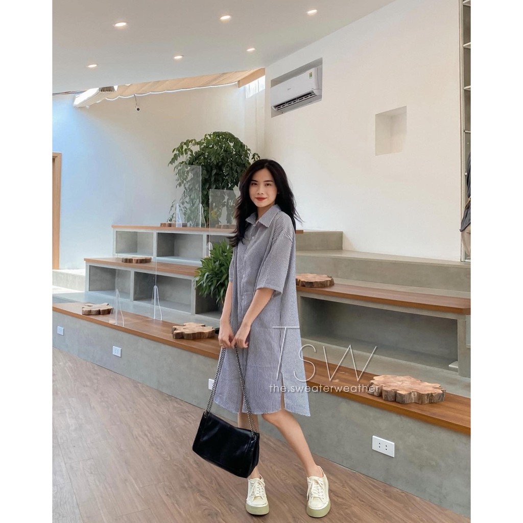 Đầm/Váy sơ mi kẻ sọc dáng dài chất xốp