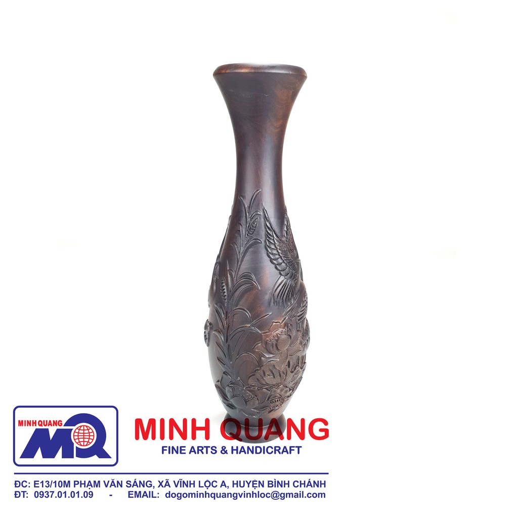 BÌNH GỖ PHONG THỦY CHẠM SEN HẠC (Lộc Bình Sen Hạc) – Gỗ Muồng Đen (Chiu Liu) – Đường Kính 09CM x Cao 30CM