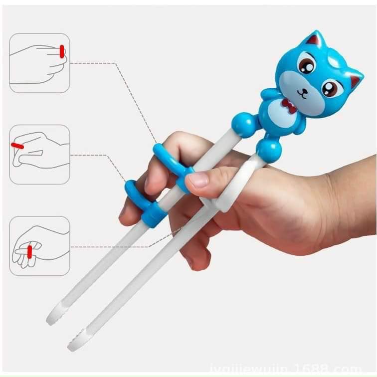 Set Thìa Đĩa Đũa Xỏ Ngón Tập Ăn Cao Cấp Hình Mèo Dễ Thương Cho Bé