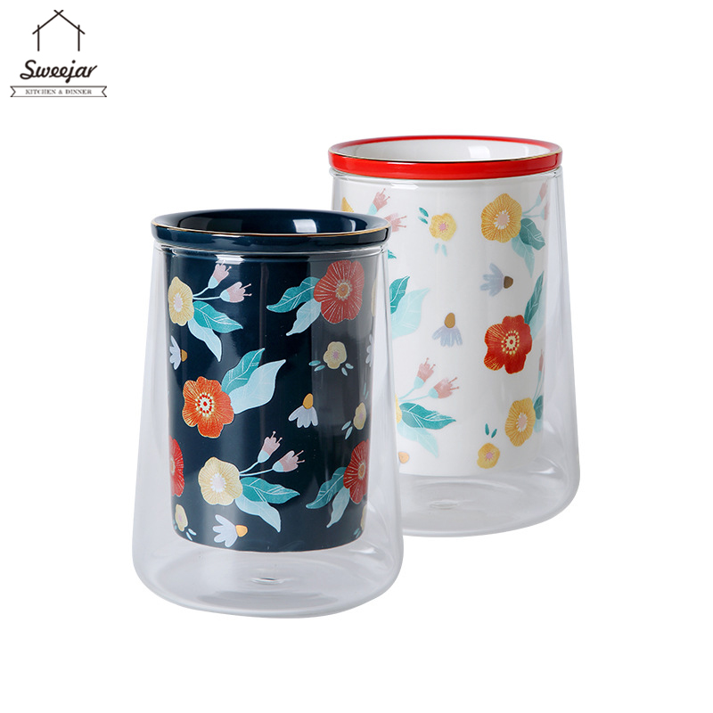 SWEEJAR Ống Đựng Muỗng Đũa 2 Lớp  Bằng Thủy Tinh Borosilicate Và Gốm Tiện Dụng Cho Nhà Bếp