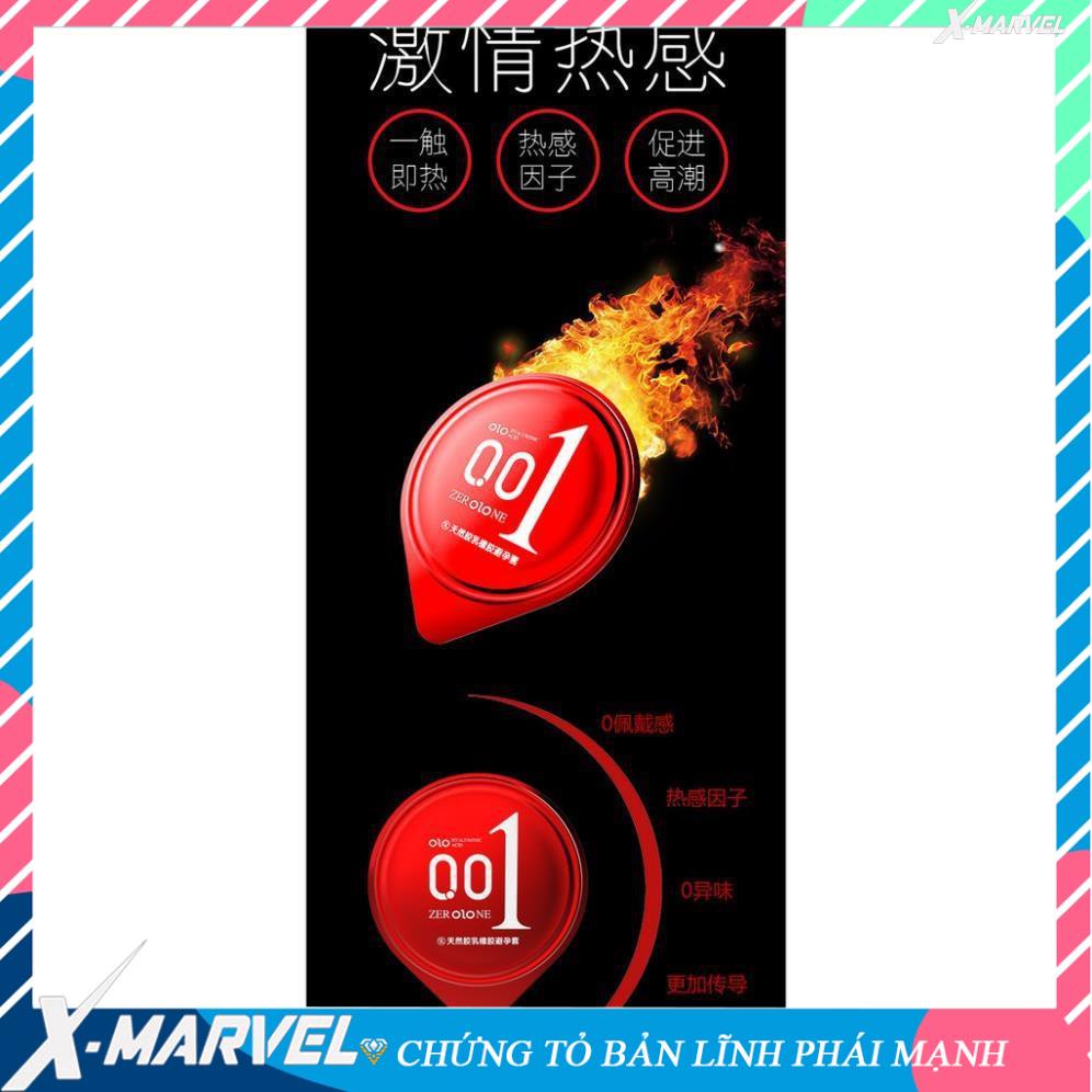 Bao cao su siêu mỏng 001 OLO đỏ siêu truyền nhiệt kéo dai thời gian hộp 10c bcs /điều hòa niềm vui