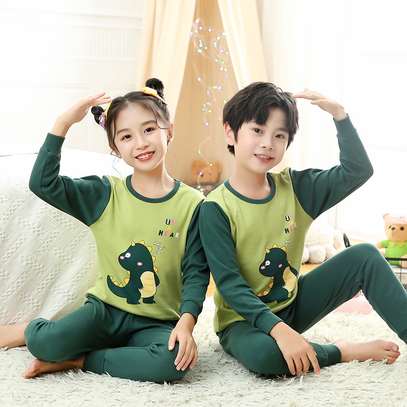Bộ Đồ Ngủ Từ 100% Cotton In Hình Khủng Long Hoạt Hình Dành Cho Trẻ Nhỏ 2-13 Tuổi