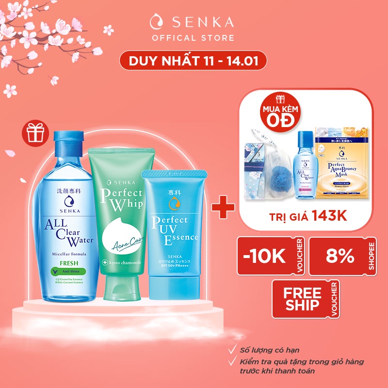 Bộ sản phẩm Senka làm sạch và chống nắng dành cho da mụn (Water Fresh 230ml + Acne Care 100g + UV Essence 50g)