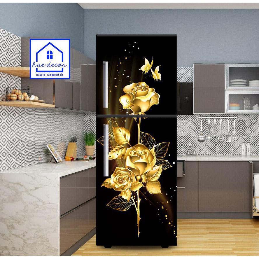 Tranh dán tủ lạnh - máy giặt 3D hoa hồng vàng HUE DECOR, chống nước, dán được cho mọi loại tủ