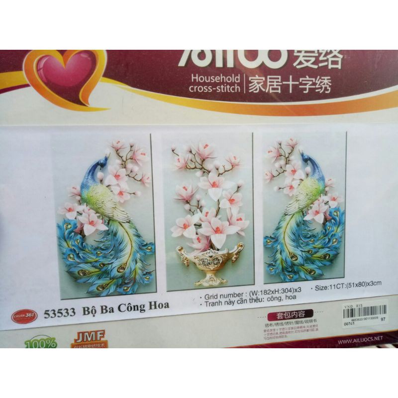 Tranh thêu chữ thập Bộ Ba Công Hoa 53533 chưa thêu