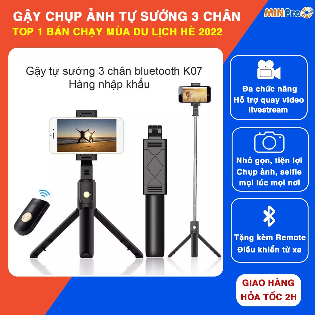 Gậy tự sướng selfie chụp ảnh qua bluetooth đa năng, tripod 3 chân giá đỡ điện thoại livestream - MINPRO