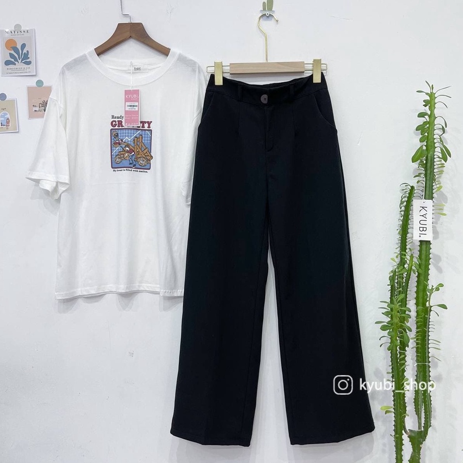 Quần culottes ống rộng suông dài chất dày lưng cao cài nút Sun pant