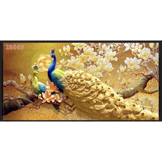 Tranh phong thuỷ chim công hoa ngọc lan dán tường 3d. tranh in vải lụa kèm keo