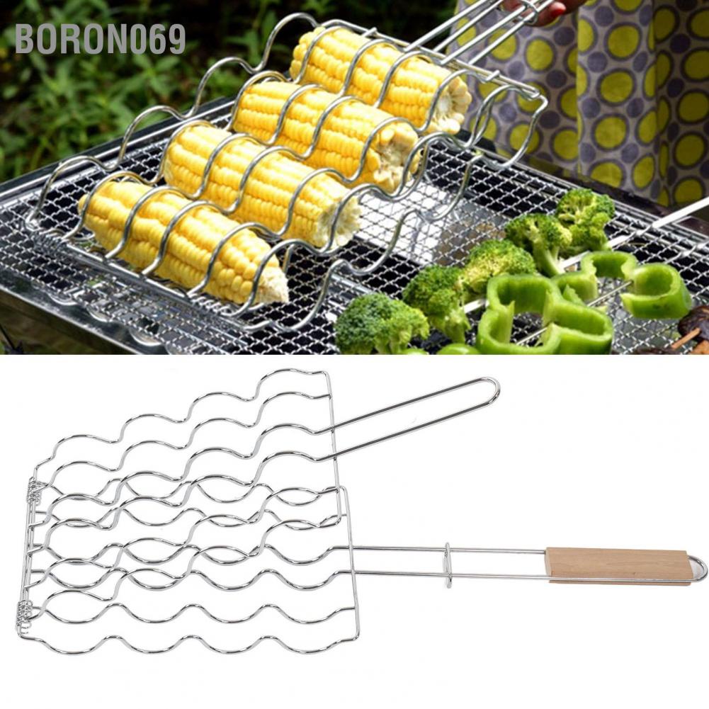 Boron069 Boron069 Rổ nướng ngô bằng thép không gỉ Gỗ sồi Xử lý gỗ Sồi đều Phân phối nhiệt 4 góc Giá đỡ để cắm trại