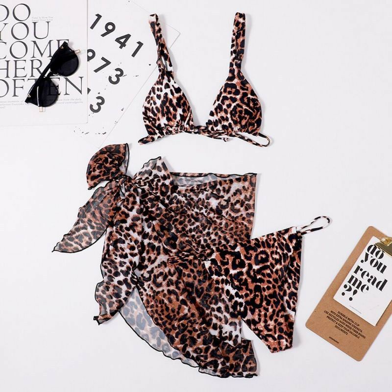 Set Bikini Tam Giác 3 Mảnh Da Beo Kèm Váy Xuyên thấu Sexy