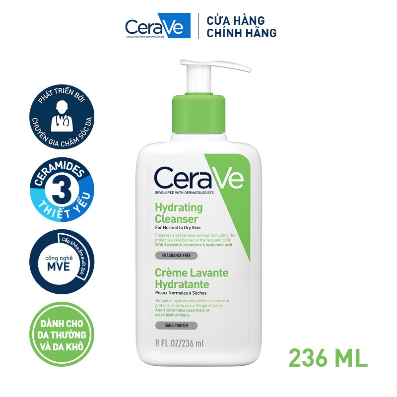 Sữa rửa mặt làm sạch sâu cho da thường và da khô CeraVe Hydrating Cleanser 236ML