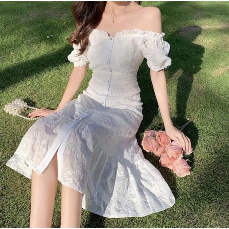 Đầm maxi kiểu dài nữ suông xoè tay ngắn trễ vai phối ren bèo tiểu thư cao cấp - Order taobao quảng châu