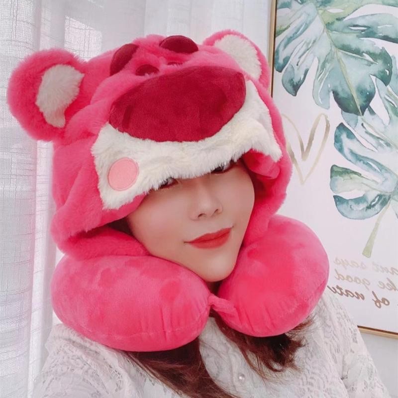 Gối Kê Cổ có Nón Trùm gấu Dâu Lotso bear Hoạt Hình Dễ Thương