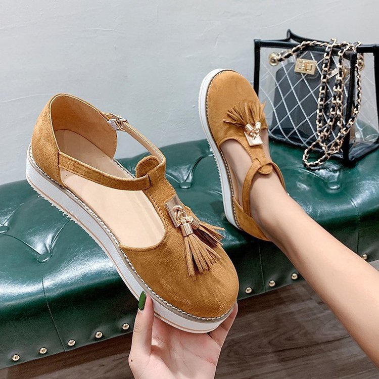 Giày Sandal Da Lộn Mũi Tròn Hở Ngón Đế Dày Phối Dây Tua Rua Màu Trơn Phong Cách Mới Kích Thước Lớn 2022 Cho Nữ