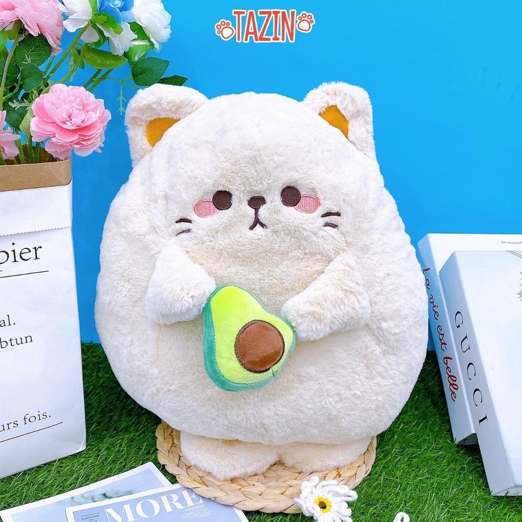 Gấu Bông Mèo Ôm Quả Bơ Cute, Chất Vải Nhung Và Bông Gòn Cao Cấp Tazin