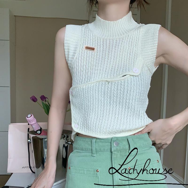 Áo Croptop Dệt Kim Không Tay Cổ Cao Phối Nút Thời Trang Mùa Hè Cho Nữ