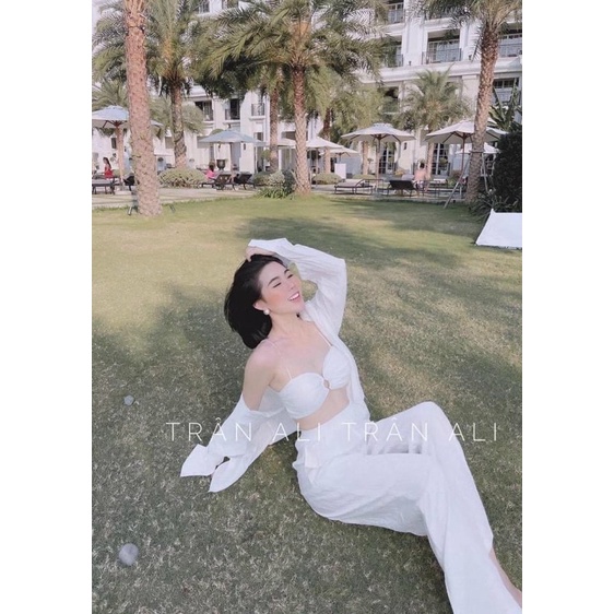 Set 3 món áo bra cúp ngực+khoác sơmi+quần suông dài trắng/xanh lá/hồng cánh sen, bộ hotgirl sang trọng quyến rũ gợi cảm