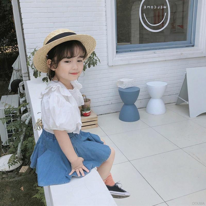 Set Áo Tay Ngắn Phối Bèo + Chân Váy Jean Xinh Xắn Cho Bé Gái