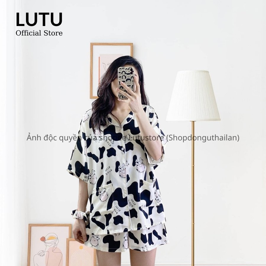 Bộ ngủ pijama chất lụa hoạ tiết dễ thương kèm dây buộc tóc scrunchies | WebRaoVat - webraovat.net.vn