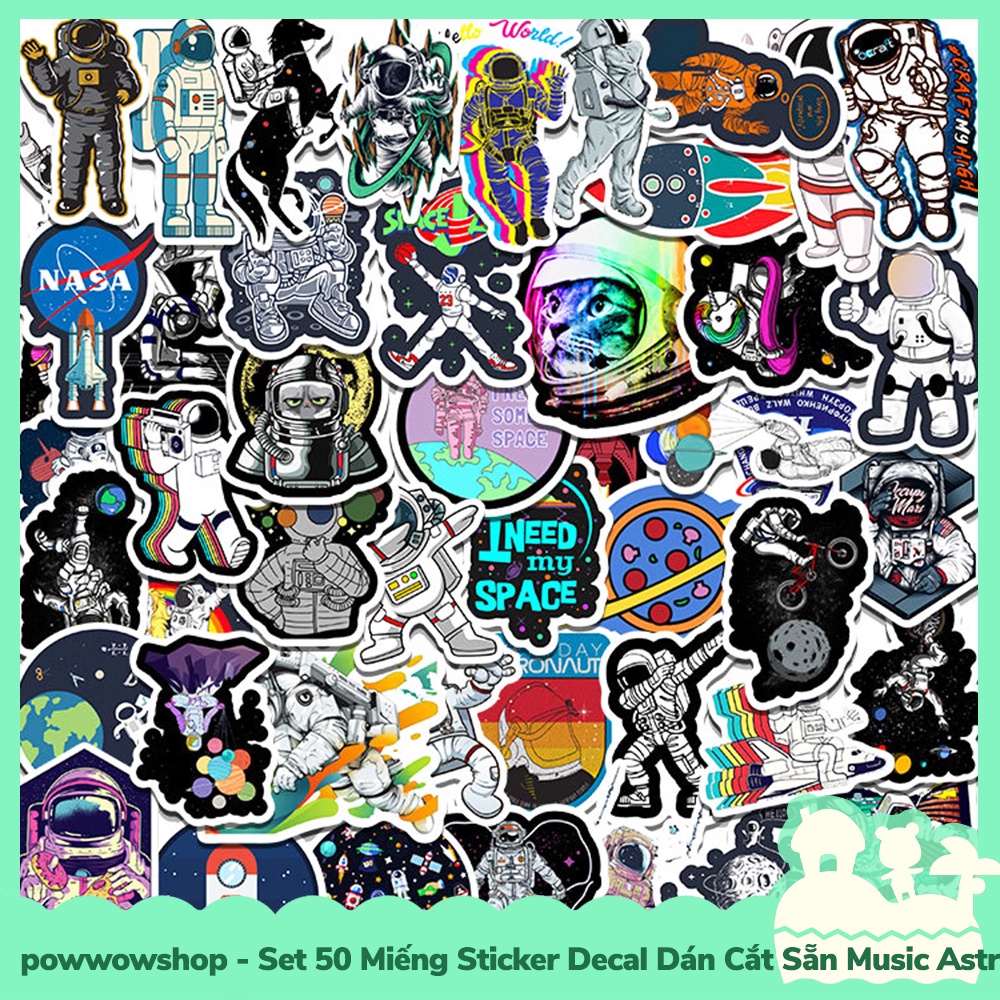 [Sẵn VN - Hỏa Tốc] Set 50 Miếng Sticker Decal Cắt Sẵn DIY Dán Trang Trí Vật Dụng Mẫu Music Astronaut Into Space