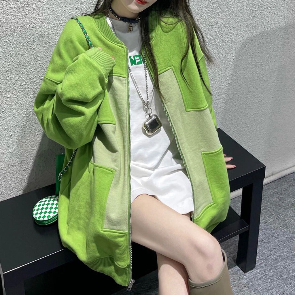 Áo Khoác Thể Thao Tay Dài Dáng Rộng Màu Trắng Dễ Phối Đồ Phong Cách Preppy Mỹ