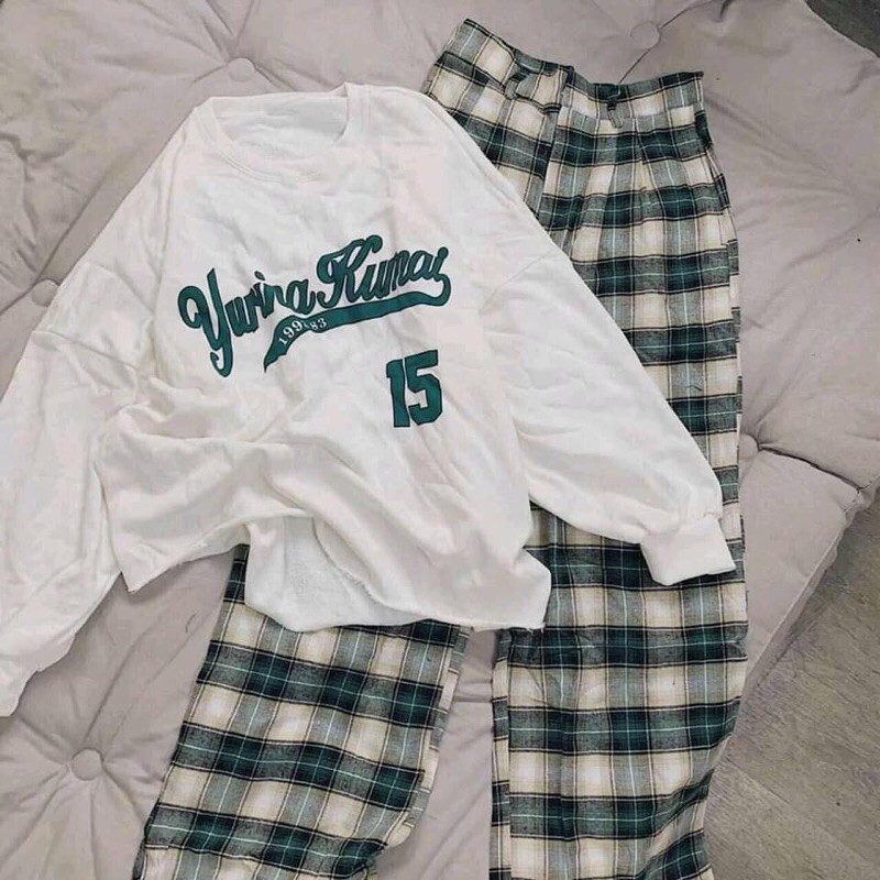 Sét áo tay bồng quần caro xanh phom to rộng HANA95