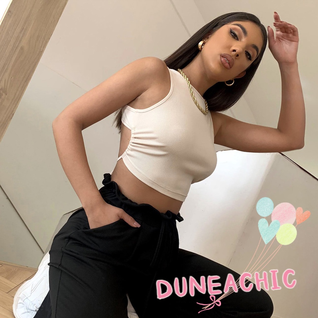 DUNEA Áo Tank Top Cổ Tròn Màu Trơn Hở Lưng Gợi Cảm Cho Nữ