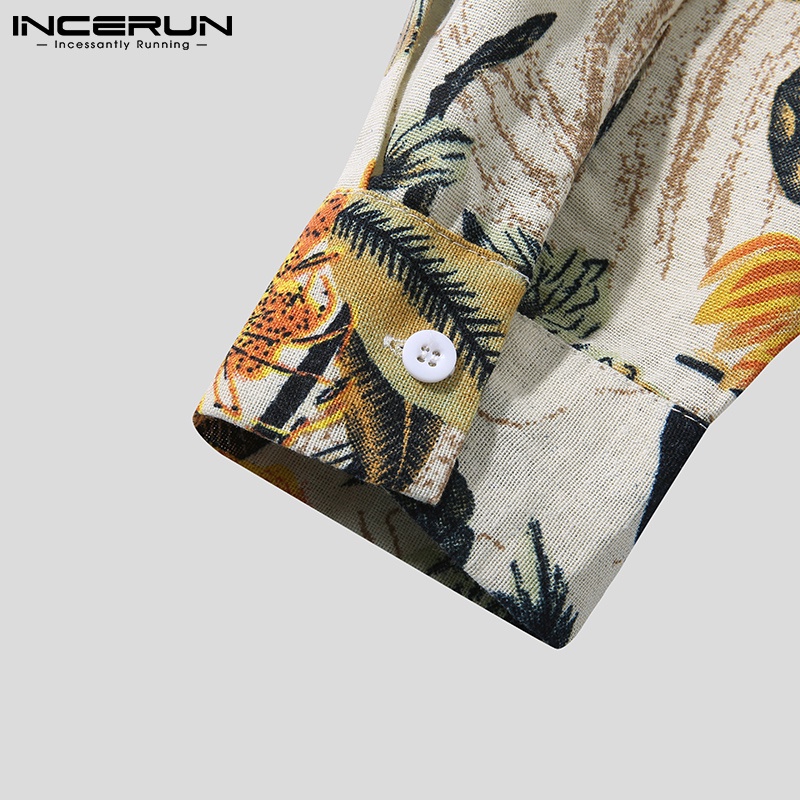 Áo sơ mi INCERUN từ cotton tay dài cổ thắt dây in hoa phong cách vintage tùy chọn màu sắc cho nam