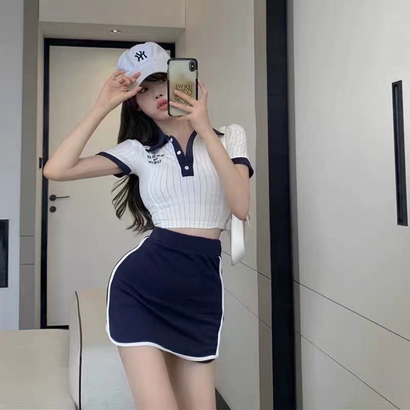 Jiashucheng Hàng Có Sẵn Set Áo polo Và Chân Váy Thể Thao Màu Trơn Thời Trang Mùa Hè Cho Nữ